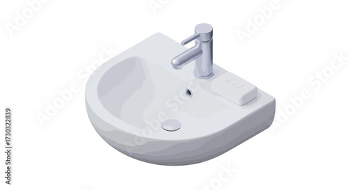 Clean Isometric Sink with Soap and Faucet Illustration on White Background
