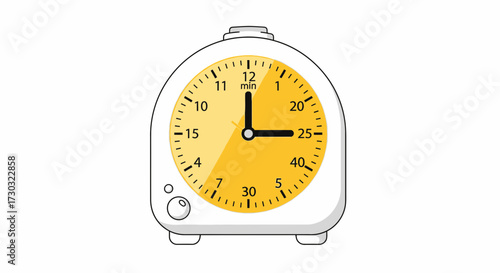 Classic white alarm clock with yellow face displaying the time five past one