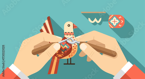 This flat design illustration depicts skilled hands engaged in the creation of a piece of folk art, symbolizing craftsmanship and the preservation of traditional techniques in a modern context.