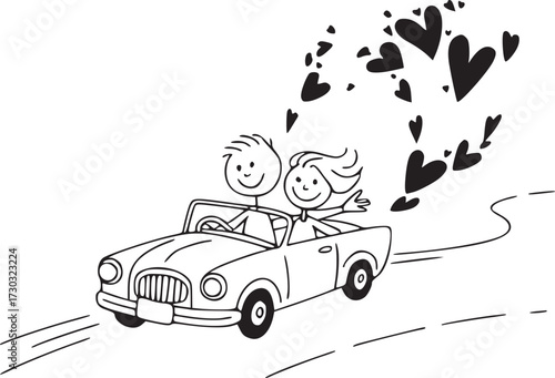 Love Ride: In a whimsical cartoon, a couple embarks on a romantic car ride, with hearts symbolizing their shared affection. A symbol of a journey filled with love and happiness