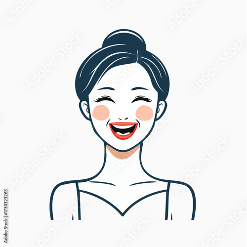 Radiant Asian Woman Portrait with Big Contagious Laugh and Hair Bun Line Art