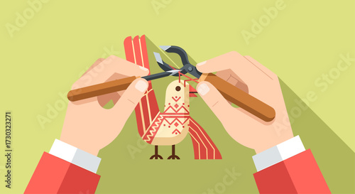 This flat design illustration depicts skilled hands engaged in the creation of a piece of folk art, symbolizing craftsmanship and the preservation of traditional techniques in a modern context.