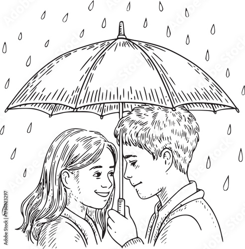 A Rainy Day Romance: A tender couple shares a moment of intimacy under a single umbrella amidst a gentle rain, a celebration of togetherness. 