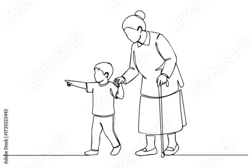 Grandmother and child walking together, child pointing forward, isolated on Transparent background world kindness day design