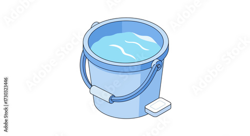 Illustration of a Light Blue Bucket Filled with Water and Bar of Soap