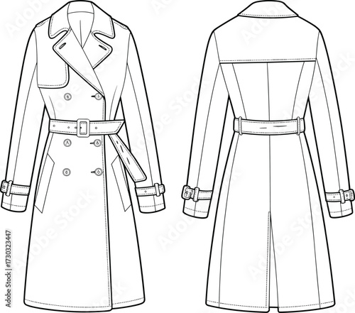 Flat vector fashion CAD drawing of double-breasted long trench coat with belt, wide collar, cuff straps, and back vent