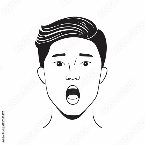 Asian Man Portrait with Wide Open Mouth Expressing Shock or Shout Line Art