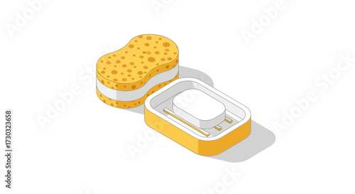 Isometric illustration of a yellow sponge and soap dish on a white background