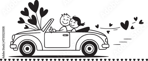 Love on the Road: A couple joyfully cruises in a classic convertible, their journey of love highlighted by heart-shaped balloons.