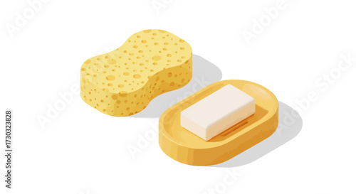 Isometric soap and sponge illustration showcasing cleaning supplies essentials