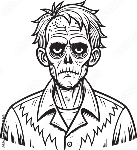 Zombie Portrait Hand-drawn Sketch Drawing Vector Illustration, Line Linear Symbol Engraving Coloring Book, Black and White Isolated