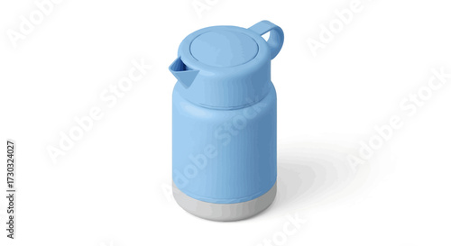 Minimalist blue thermos illustration against clean white backdrop, isometric