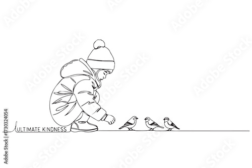 Line art drawing of a child in winter clothing feeding birds, symbolizing kindness and compassion towards animals during cold weather world kindness day design
