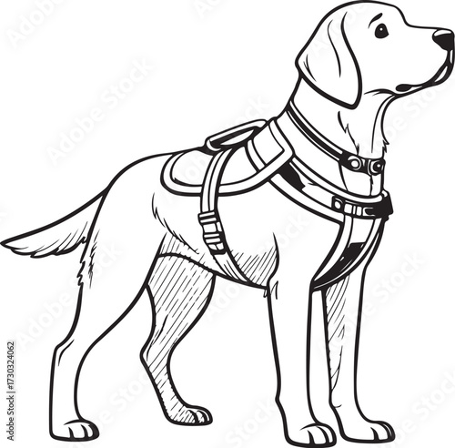 Service Dog Emotional Support Animal Hand-drawn Sketch Drawing Vector Illustration, Line Linear Symbol Engraving Coloring Book, Black and White Isolated