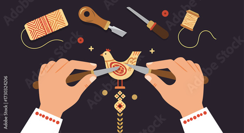 This flat design illustration depicts skilled hands engaged in the creation of a piece of folk art, symbolizing craftsmanship and the preservation of traditional techniques in a modern context.