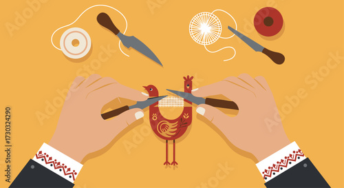 This flat design illustration depicts skilled hands engaged in the creation of a piece of folk art, symbolizing craftsmanship and the preservation of traditional techniques in a modern context.