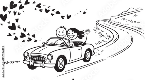 Road Trip Romance: A hand-drawn depiction of a joyous couple, embracing the open road in a classic convertible, with hearts floating above, depicting the magic of travel and love.