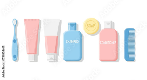 Pastel Bathroom Essentials Arrangement on a White Background for Hygiene