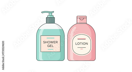 Pastel hygiene products, featuring lotion and shower gel illustration
