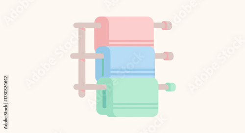 Pastel towels arranged on a wooden stand adds a touch of elegance to the bathroom