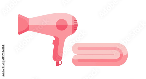 Pink Hair Dryer with Folded Towel Vector Illustration on White Background