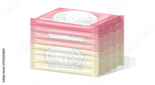 Stack of colorful shower caps packaged in pink and beige cartoon illustration