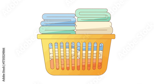 Stack of towels neatly arranged in a yellow laundry basket illustration