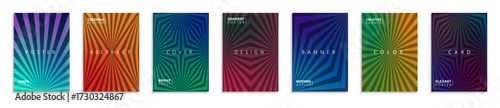 Collection of color striped vintage art posters, templates, placards, brochures, banners, flyers. Retro fashion style backgrounds with dynamic line rays in gradient. Contemporary artwork prints