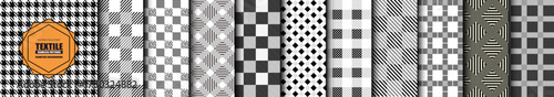 Collection of vector seamless geometric fabric patterns. Simple monochrome textile repeatable backgrounds. Cloth material striped black and white textures