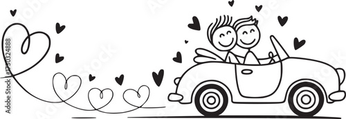 Love on the Road: A cheerful cartoon couple, hand in hand, embark on a journey of love in a classic car, leaving a trail of hearts in their wake.