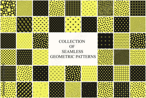 Collection of vector seamless geometric minimalistic patterns in different styles. Black and yellow repeatable unusual backgrounds. Endless modern textile prints