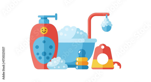Stylized baby bath time elements with playful design on a white backdrop