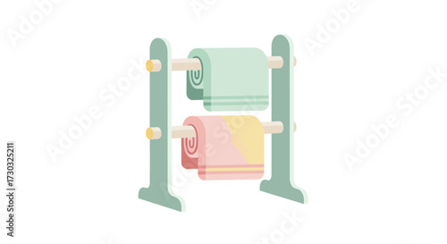 Stylized towel rack with soft pastel towels offers clean aesthetic