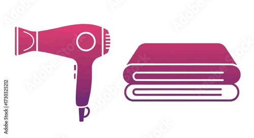 Stylized vector illustration of hair dryer and towel stack for wellness
