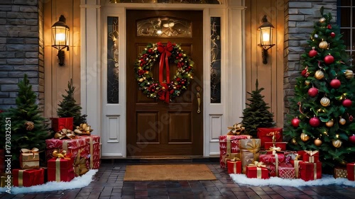 Wallpaper Mural Festive Home Entrance: A welcoming home entrance adorned with Christmas decorations, featuring a wreath, illuminated Christmas tree, and wrapped gift, evoking warmth and holiday cheer. Torontodigital.ca