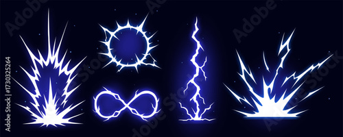 Manga thunder effect arranges comic bolt lightning vector in burst style. Manga thunder bg shows circle, infinity loop and vertical strike. Digital vfx frame for game, cartoon hit or explosion.