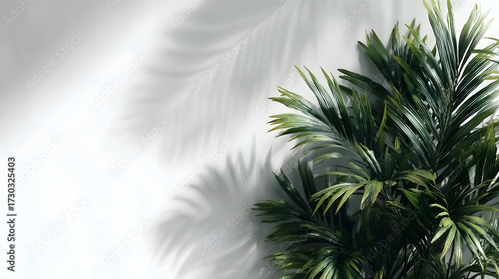 Obraz premium Lush green tropical palm leaves cast d d shadows on a clean white wall backdrop