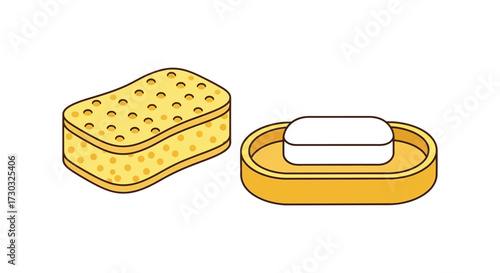 Whimsical bathroom elements, sponge with holes and soap in soap dish