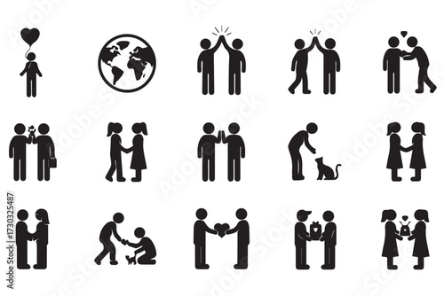 Collection of simple black and white icons representing human connection, teamwork, and support, isolated on Transparent background world kindness day design