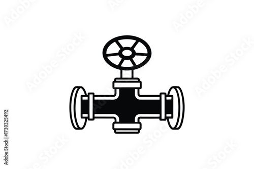 Industrial valve with flanges and wheel handle a striking black silhouette