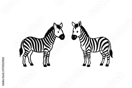 Two zebras facing each other in a simple black and white illustration silhouette