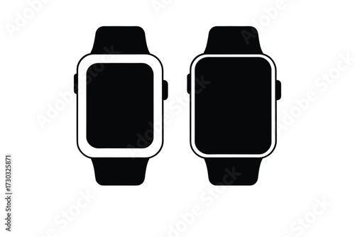 Two black smartwatches displayed side by side a simple silhouette