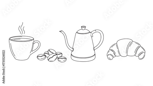 Coffee cup coffee beans kettle and croissant outline illustration vector line art for cafe