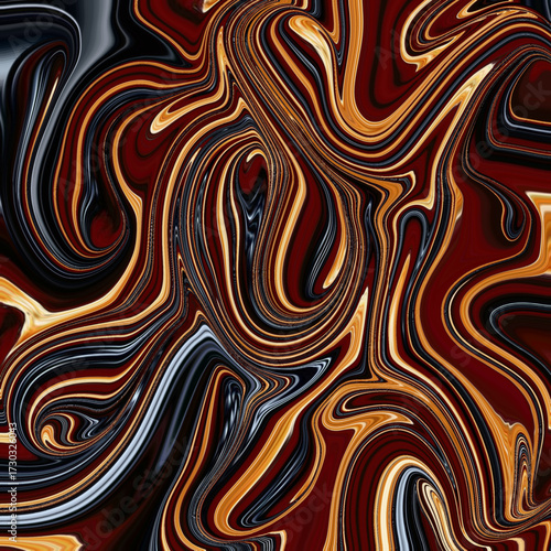 Abstract fluid artwork in deep black, red, and gold swirls with a dramatic molten effect, creating a bold and modern digital painting background.