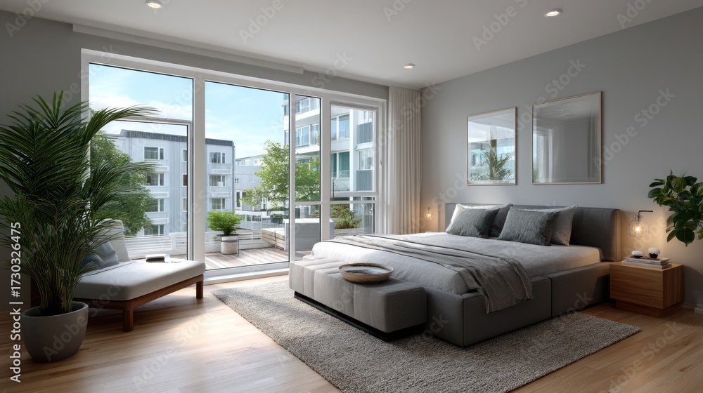 Fototapeta premium Contemporary bedroom design showcasing a neutral color palette and balcony access highlighting the