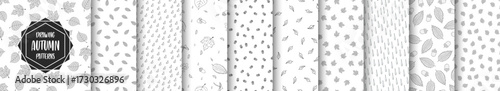 Collection of seamless autumn drawing gray patterns. Cartoon nature repeatable hand drawn monochrome backgrounds. Endless foliage prints with falling leaves and drops