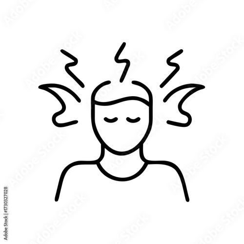 Line drawing of a person with closed eyes and stress symbols  