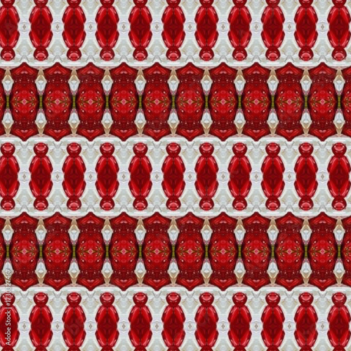 Ornamental seamless pattern with repeating red and white gemstone-like motifs, forming an elegant geometric design for fabric, wallpaper, or decor.