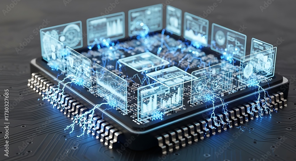 Obraz premium Futuristic Computer Chip with Data Visualization High-Tech Concept, Integrated Circuits