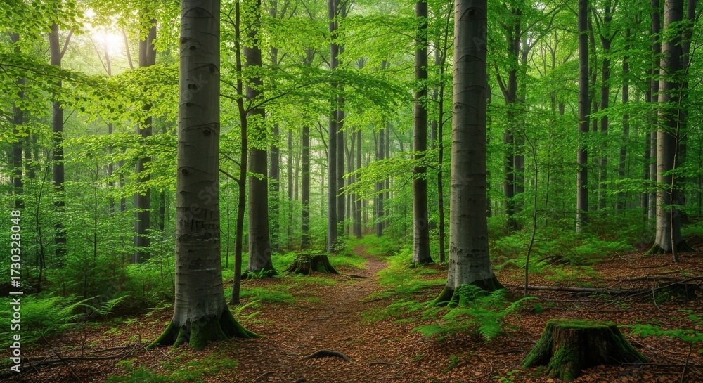 Obraz premium Enchanting green forest with a path in spring, creating a scenic landscape